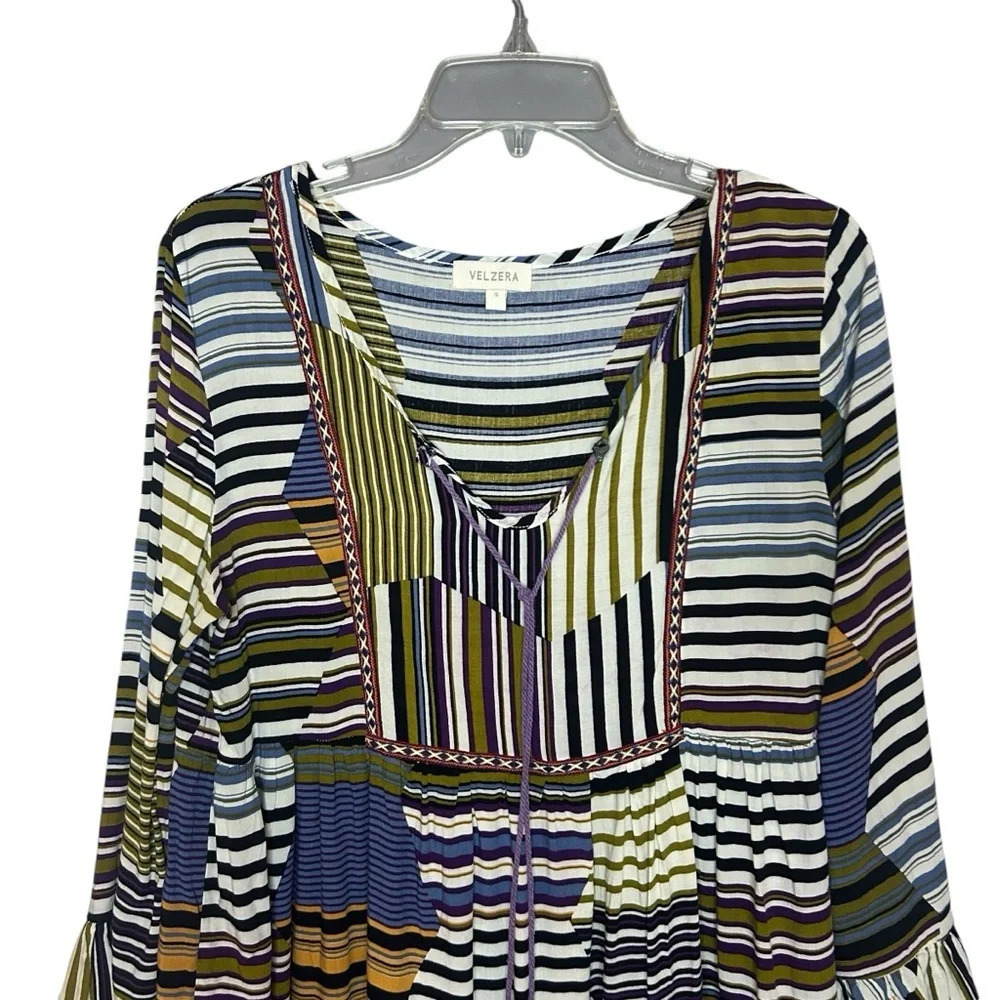 Velzera Boho Striped Tunic Top Small Ruffle Hem Tassel Tie - Picture 2 of 11